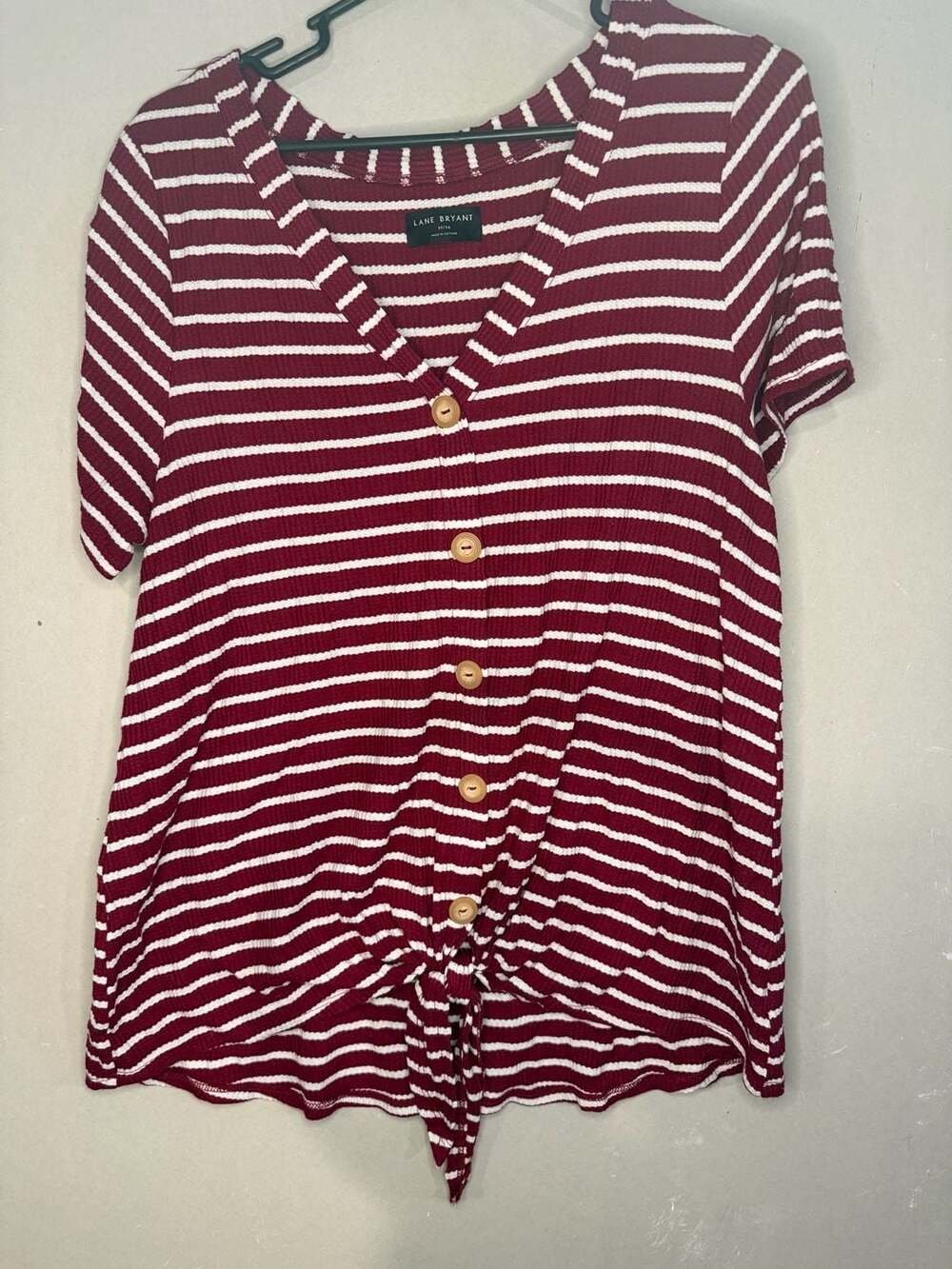 Lane Bryant Striped Waffle Knit V-Neck Button-Front Tie-Hem Top Size 14/16